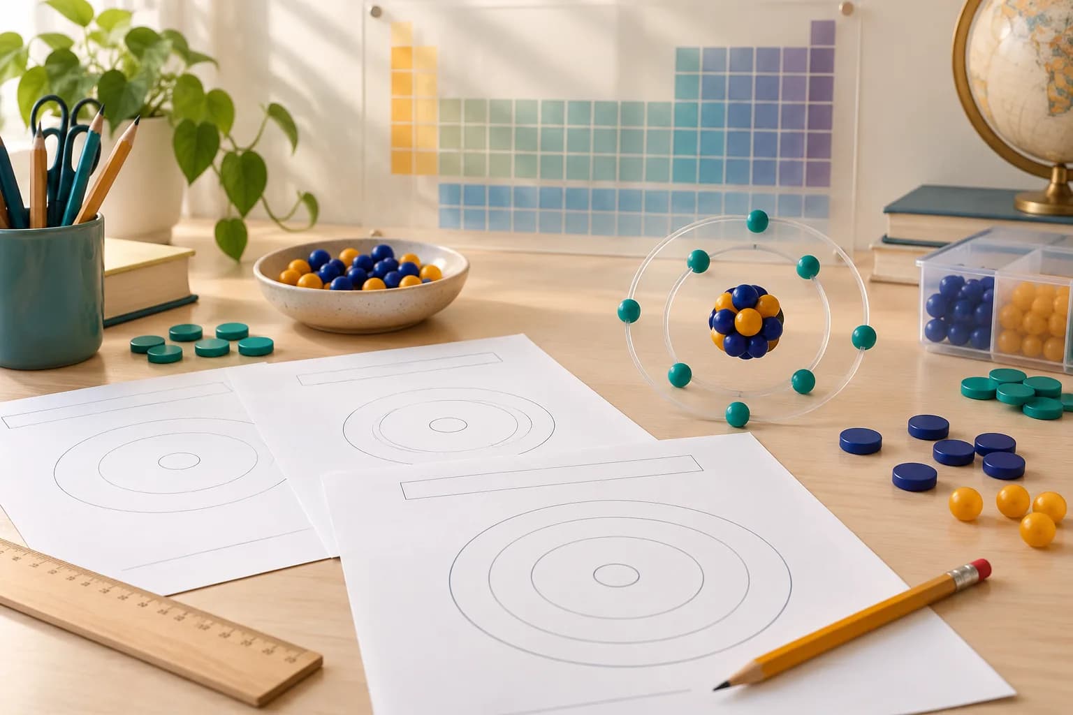 Chemistry worksheet and atom teaching materials on a desk