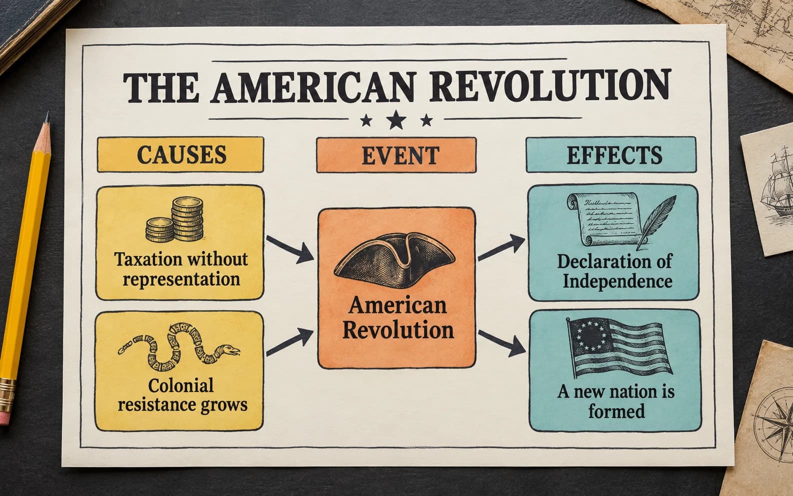 American Revolution cause and effect organizer with multiple causes and results