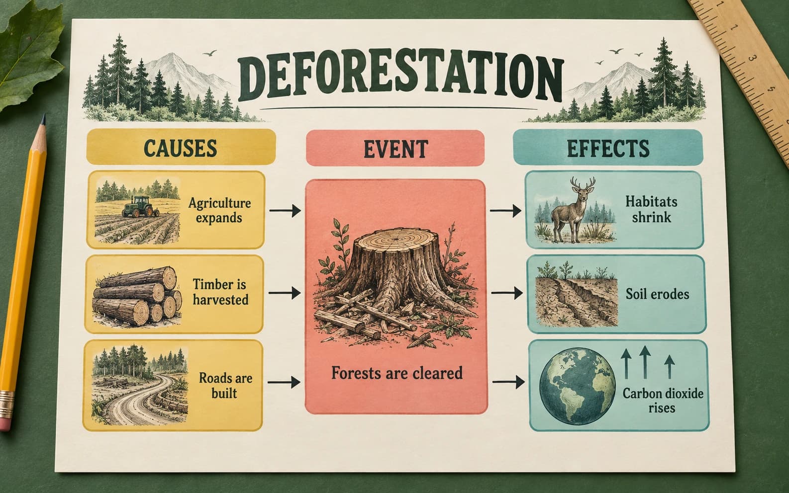 Deforestation graphic organizer with causes and environmental effects