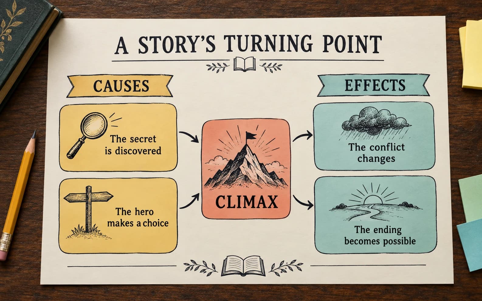 Story climax cause and effect organizer for literature analysis