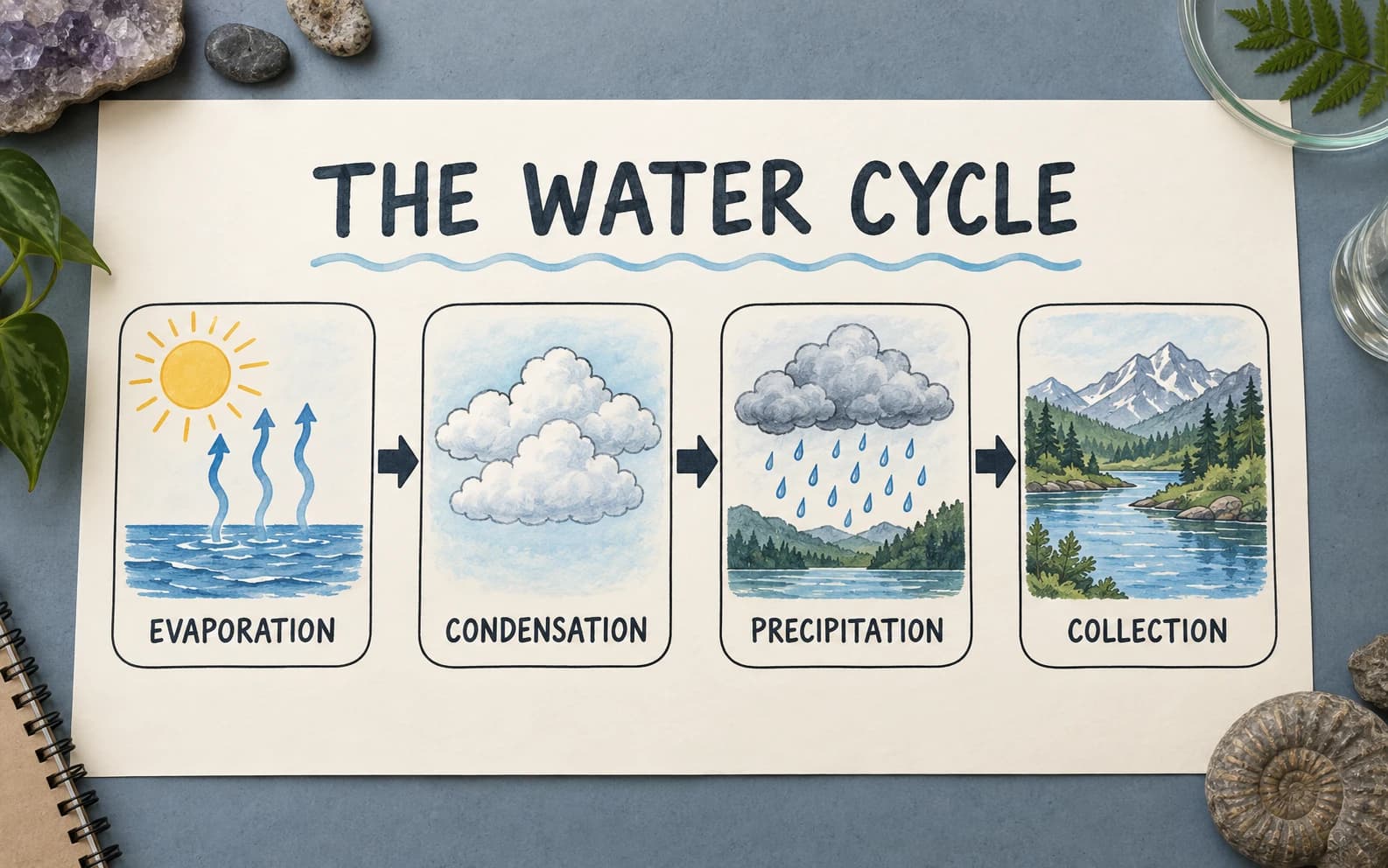 Water cycle event chain from evaporation to collection