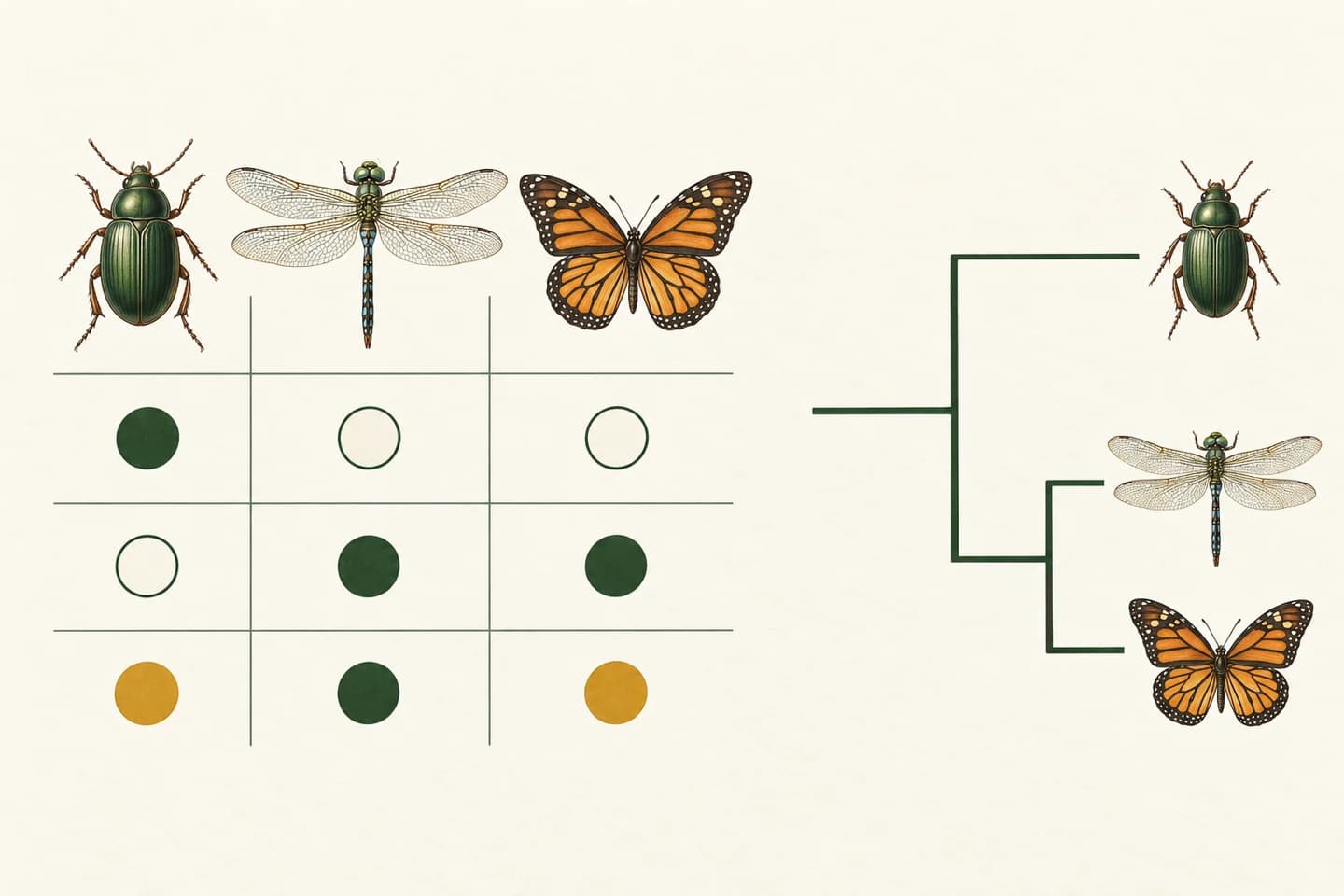 Conceptual insect trait matrix beside a branching diagram, illustrating character-table input rather than an inferred insect phylogeny.
