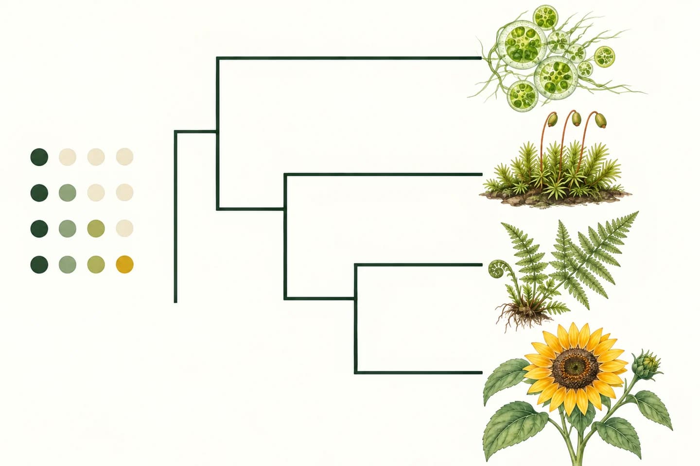 Green algae, moss, fern and sunflower connected by branches in a botanical cladogram illustration.