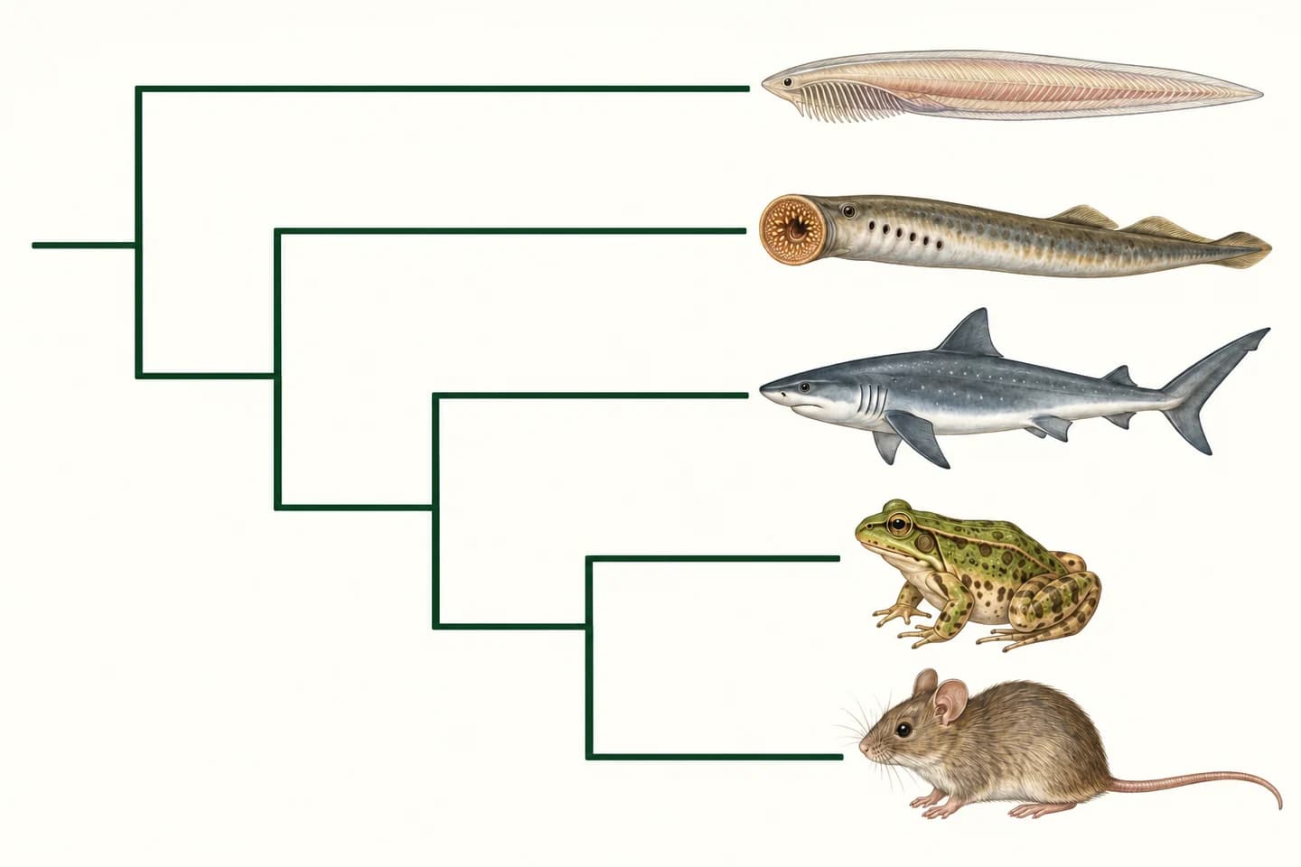 Conceptual chordate cladogram with lancelet, lamprey, shark, frog and mouse, used as a Cladogram Maker teaching example.