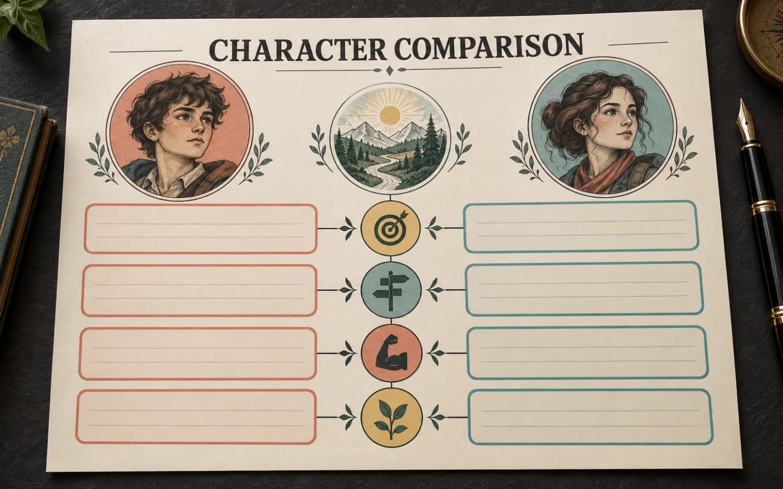 Printable character comparison organizer with two portrait columns