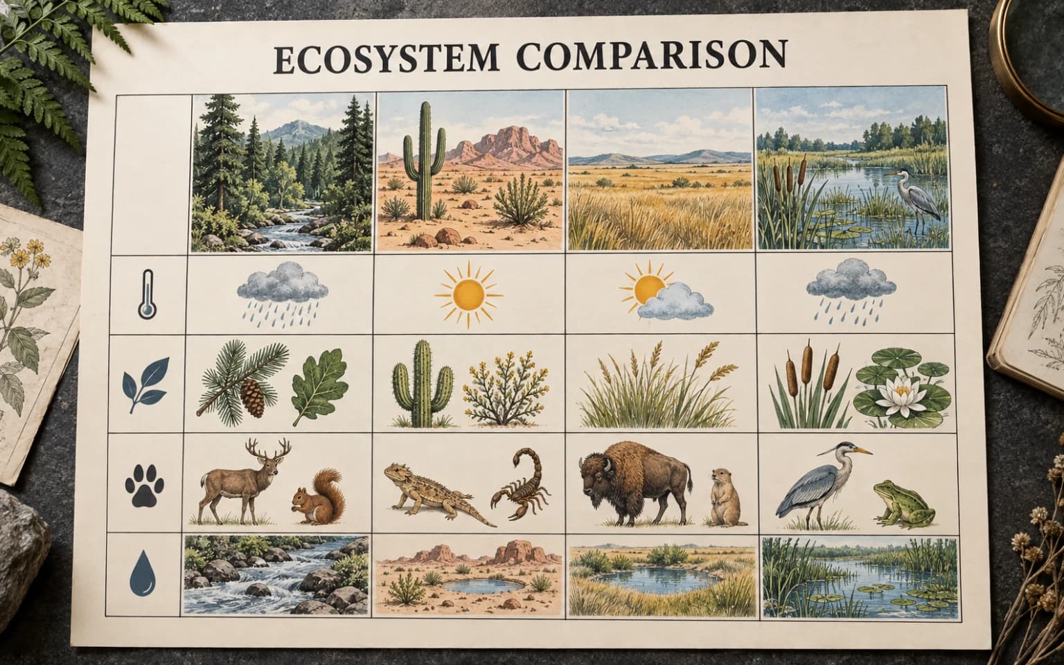 Four-column ecosystem comparison matrix with climate, plants, animals, and water
