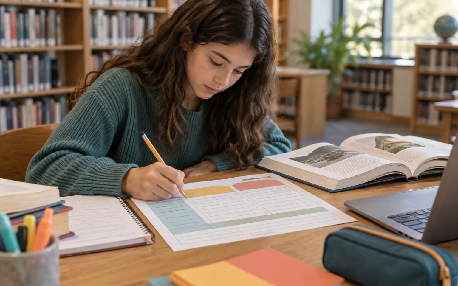 Student using a comparison matrix to plan an explanatory essay