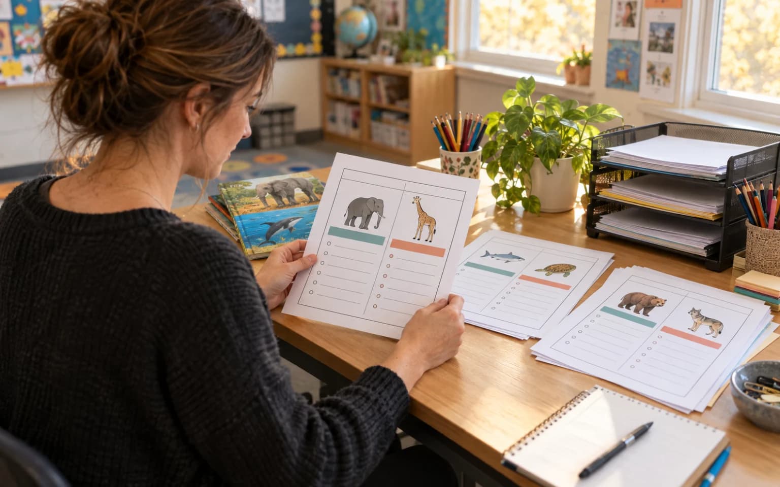 Teacher preparing printable animal comparison worksheets