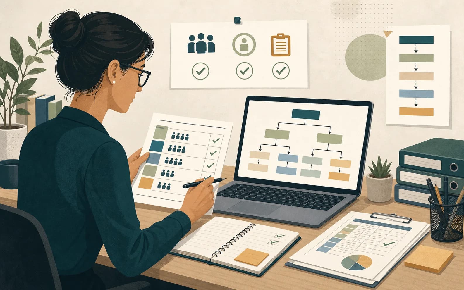 Editorial illustration of a trial coordinator checking participant counts against a two-arm flow diagram