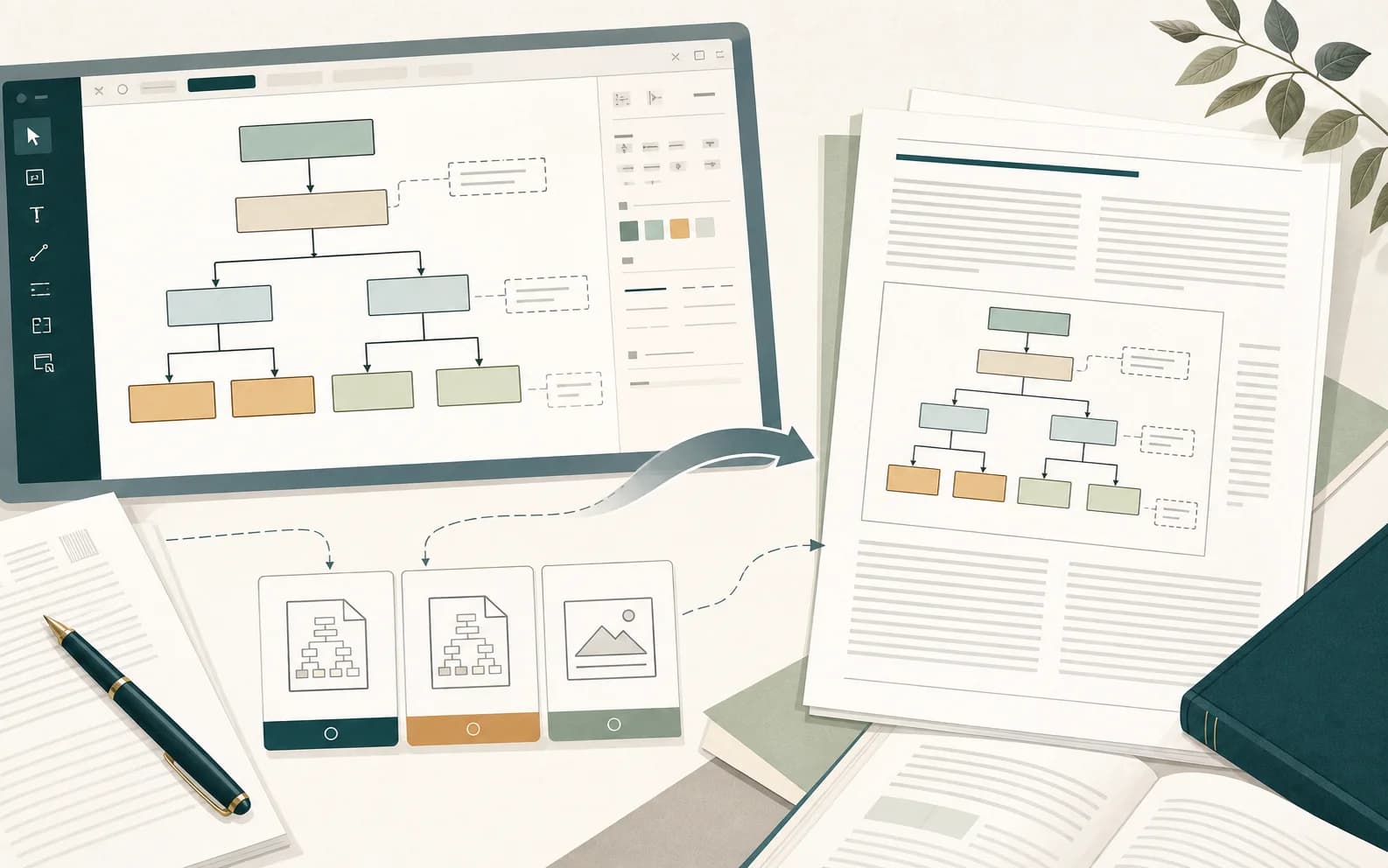 Editorial illustration of a clinical trial flow diagram being prepared for a research manuscript
