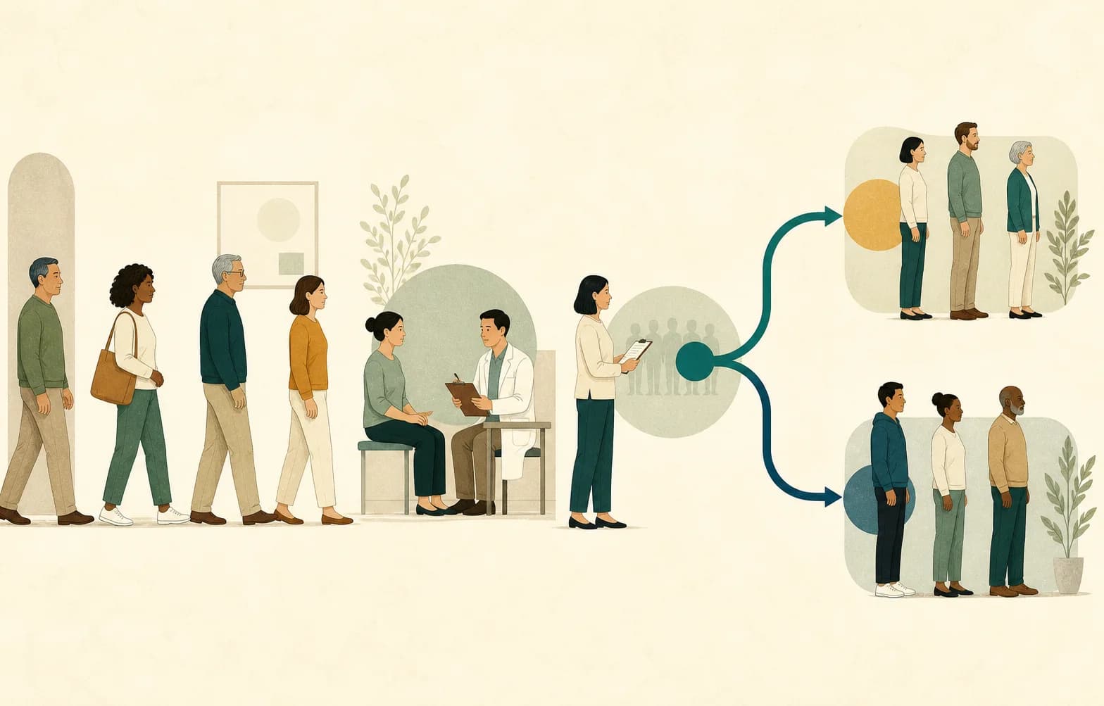 Editorial illustration of participants moving from eligibility assessment into two randomized groups