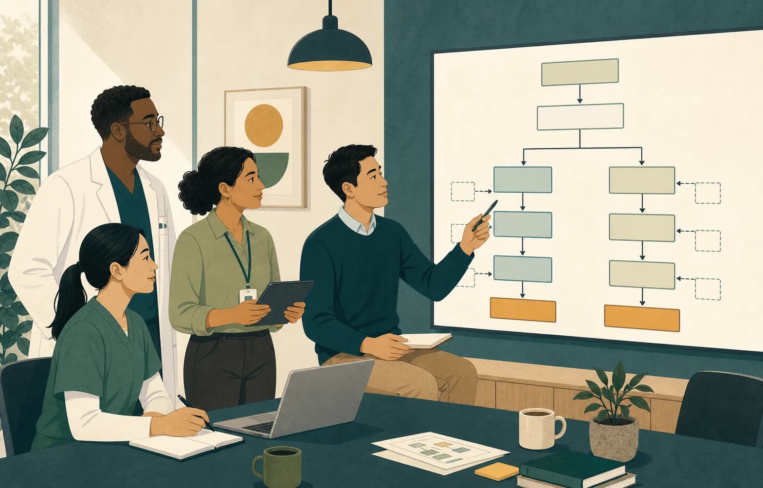Editorial illustration of a clinical trial team reviewing a two-arm participant flow diagram