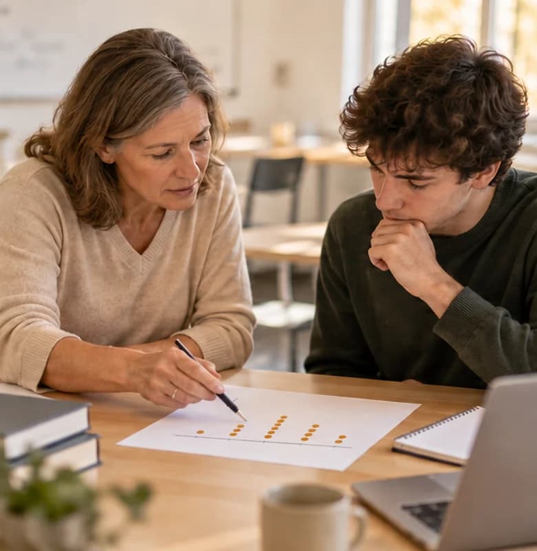 Lehrkraft und Schüler prüfen ein Punktdiagramm auf einem Arbeitsblatt