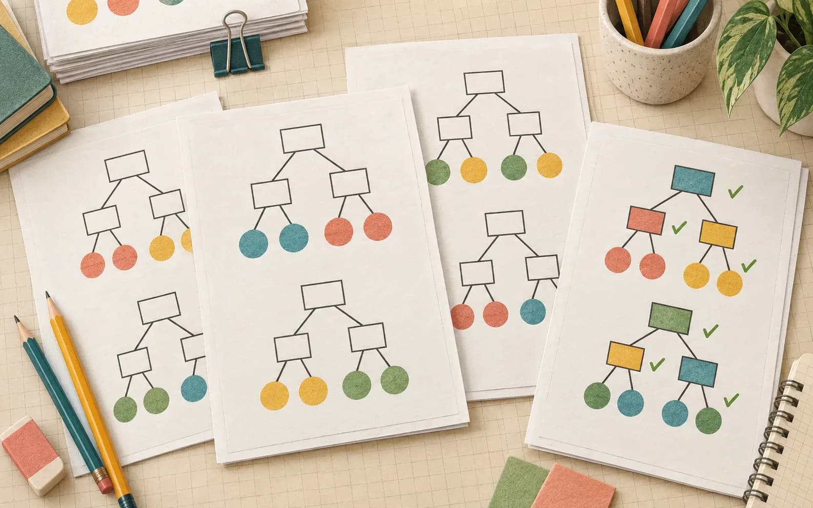 Printable factor tree worksheets and completed answer key on a teacher desk