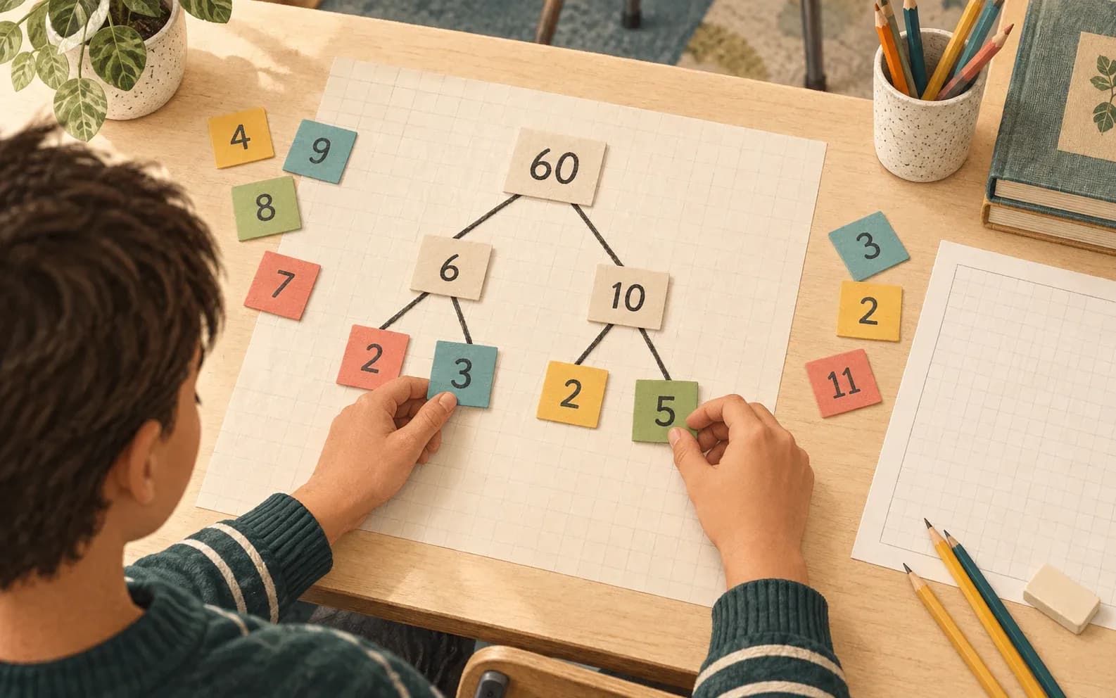 Student arranging colored number tiles into a factor tree for 60