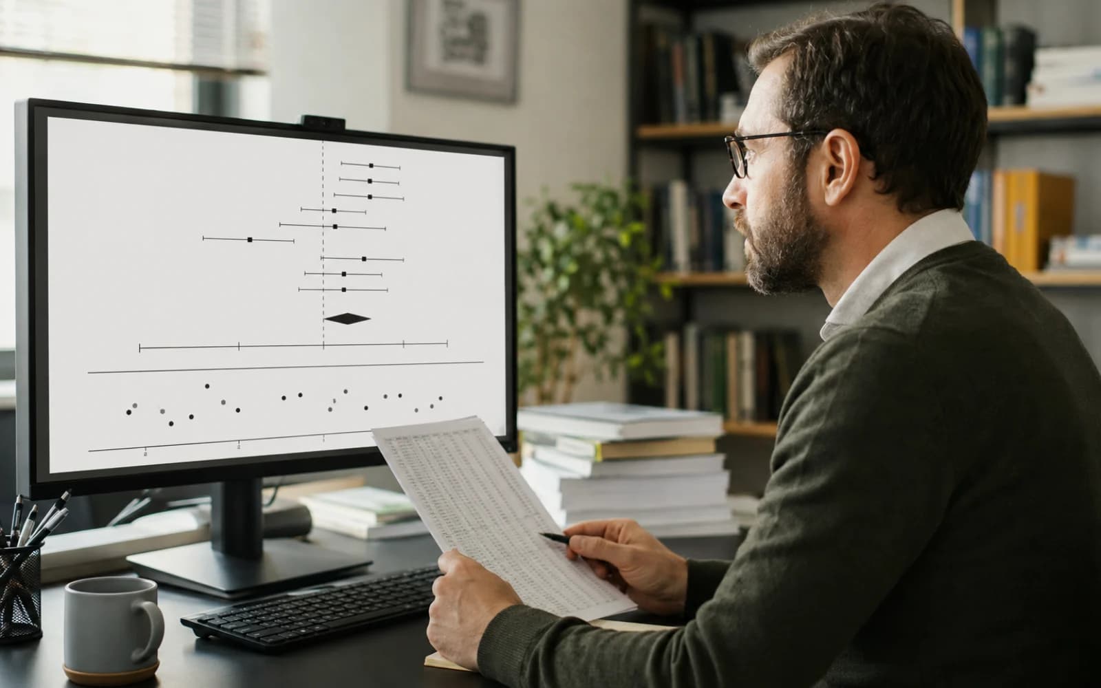 Biostatistician reviewing forest plot heterogeneity and model results