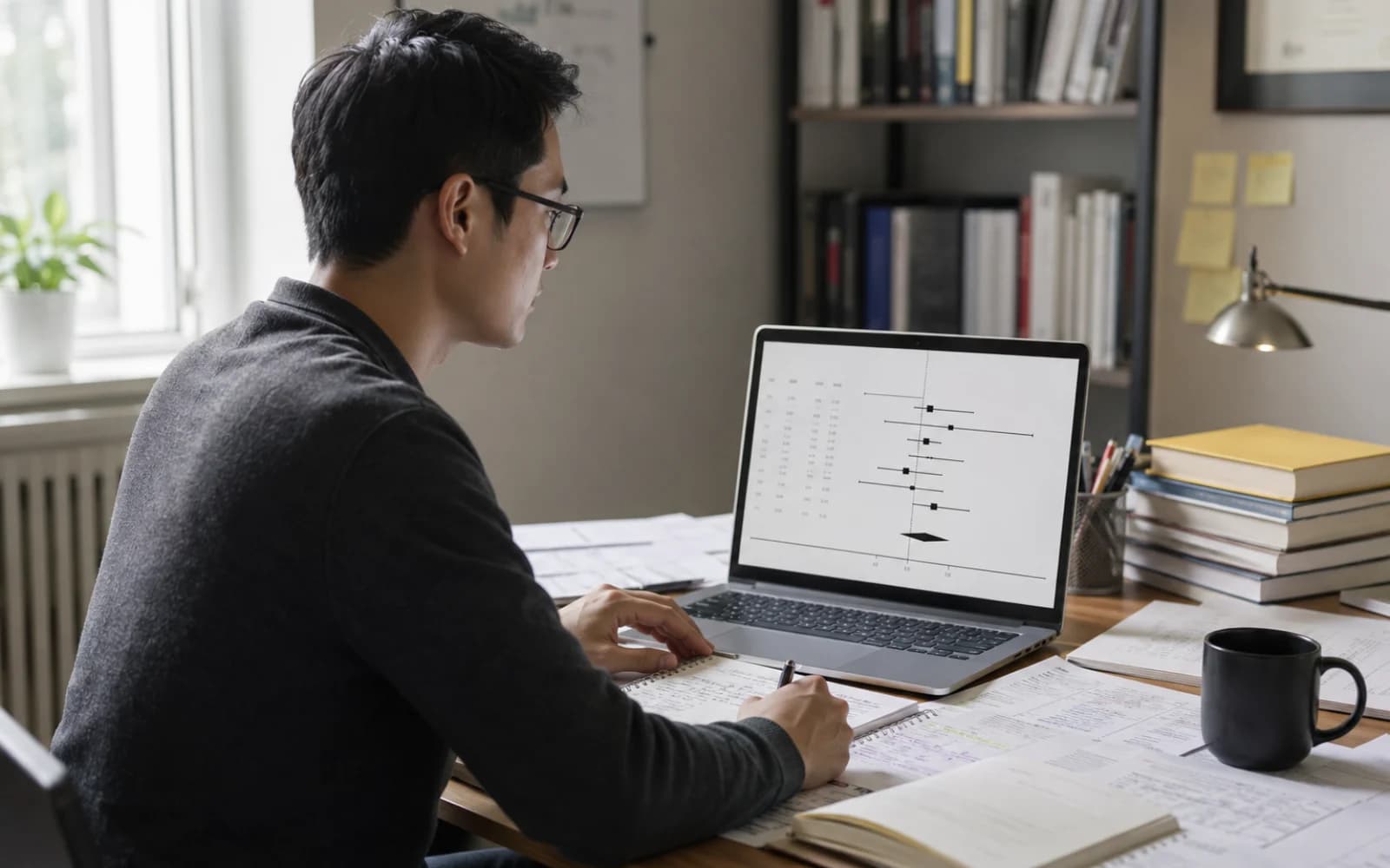 Medical researcher creating a forest plot from systematic review data