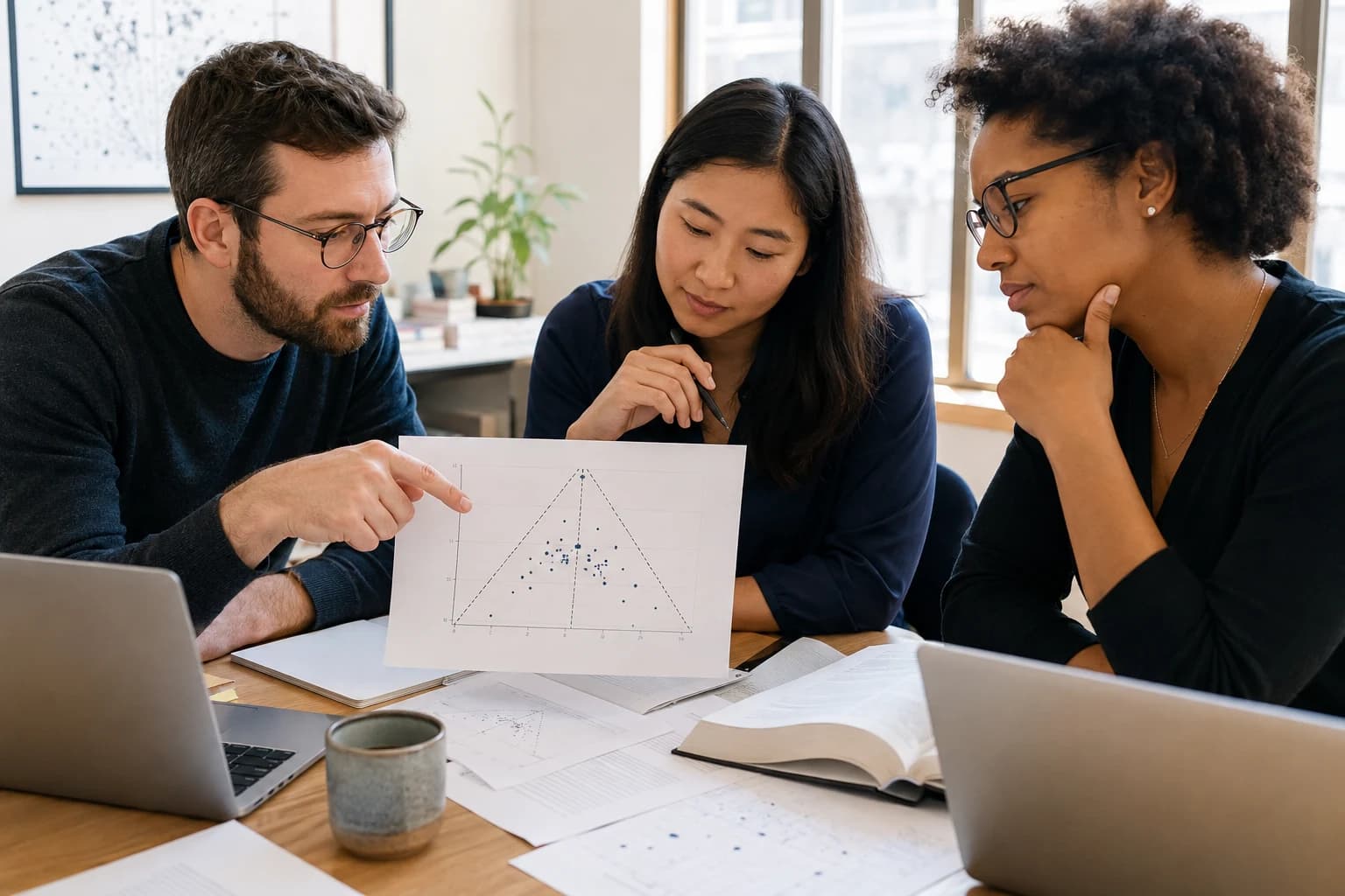 Evidence synthesis team reviewing a printed meta-analysis funnel plot