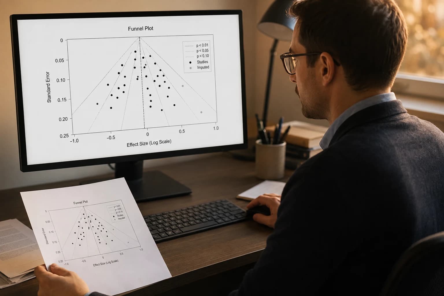 Researcher preparing a contour-enhanced funnel plot for journal revision
