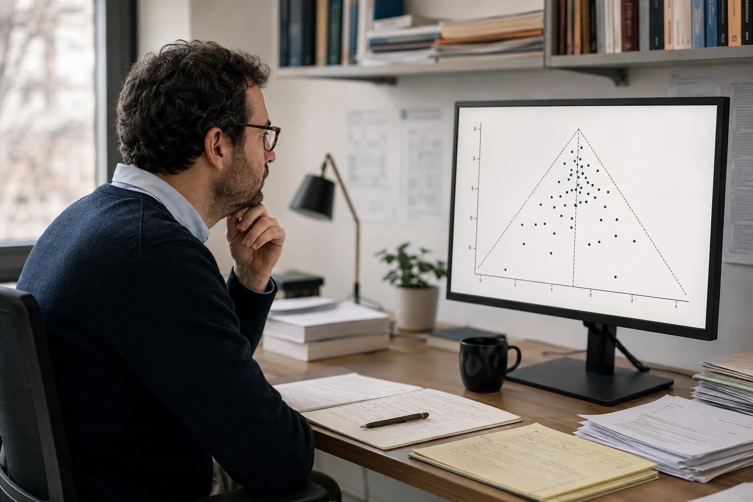 Systematic review researcher examining a funnel plot on a monitor