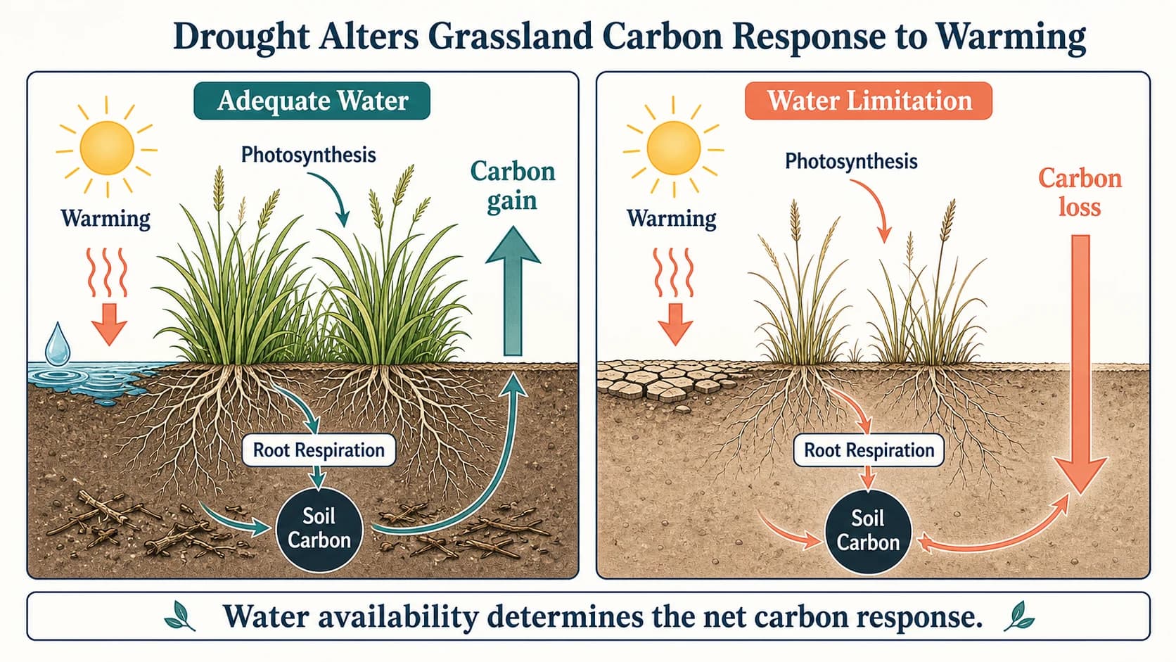 Environmental science graphical abstract comparing grassland carbon response under adequate water and drought