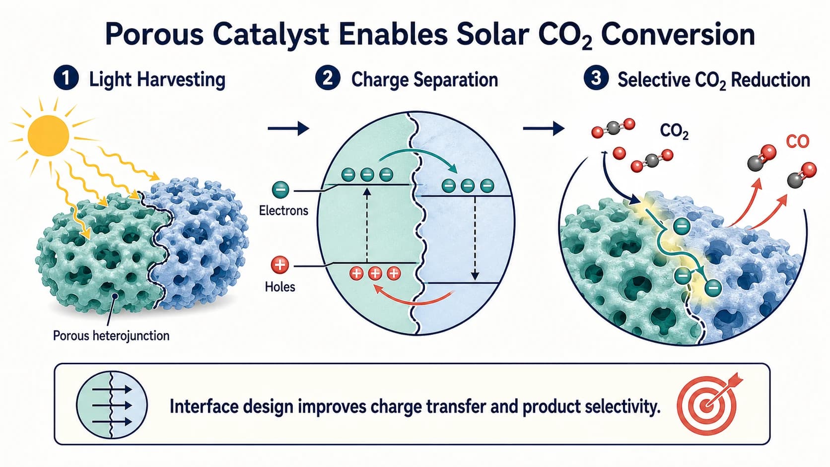 Materials chemistry graphical abstract showing light harvesting, charge separation, and carbon dioxide reduction