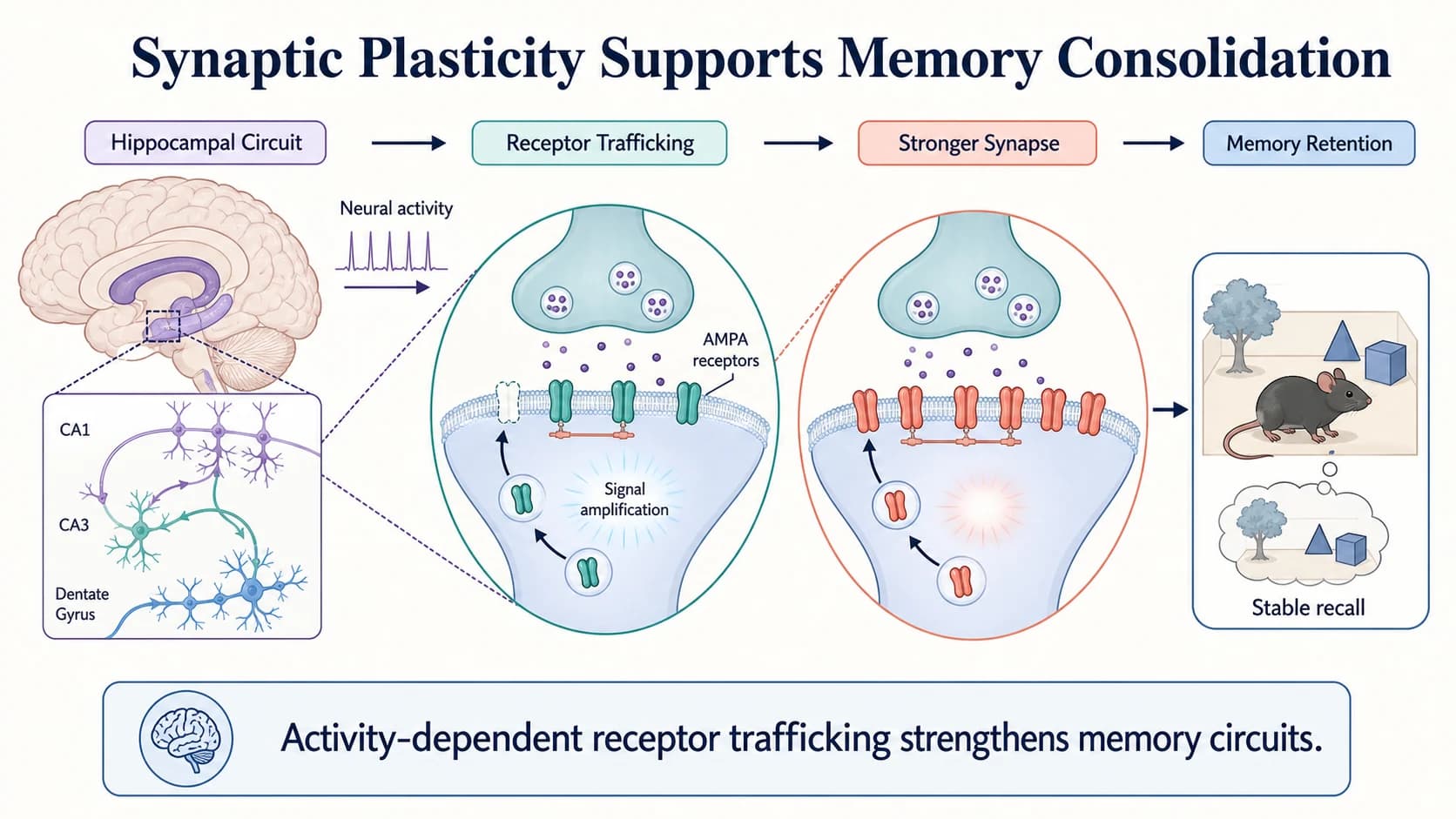 Neuroscience graphical abstract showing hippocampal circuitry, receptor trafficking, stronger synapses, and memory retention