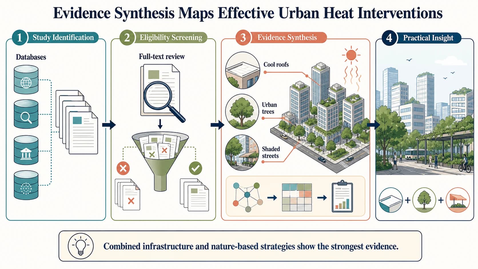 Systematic review graphical abstract showing study identification, screening, evidence synthesis, and urban heat interventions