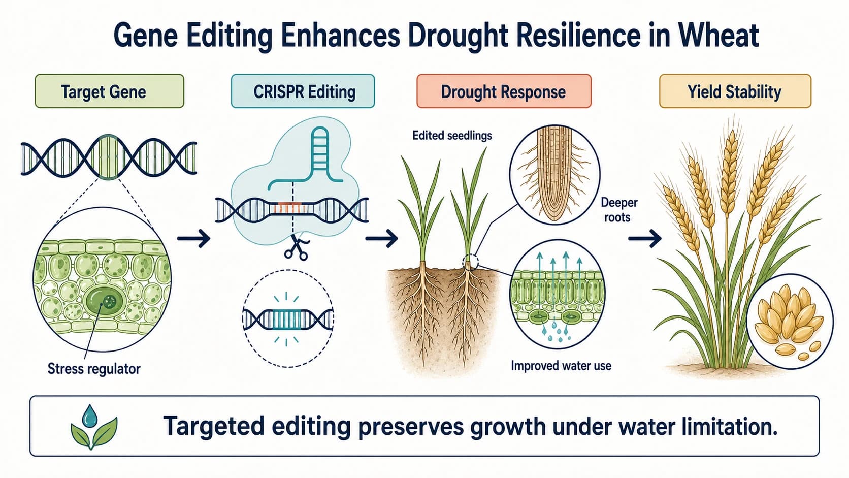 Plant science graphical abstract showing gene target, CRISPR editing, drought response, and wheat yield stability