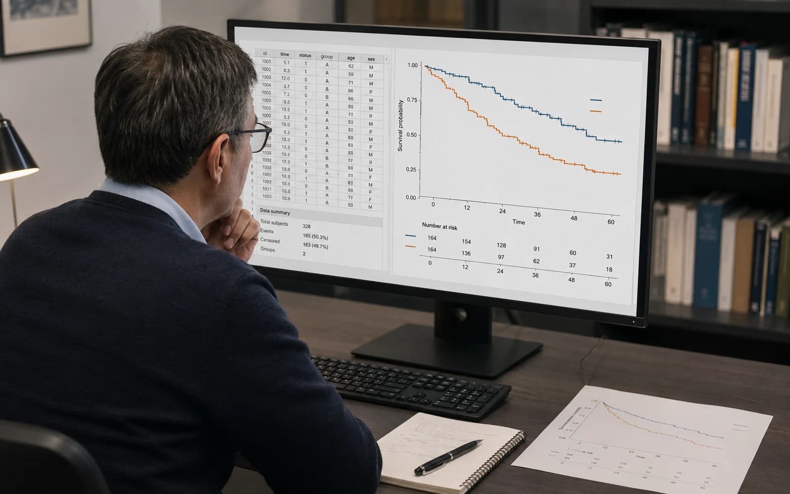 Biostatistician checking survival data and a Kaplan-Meier curve