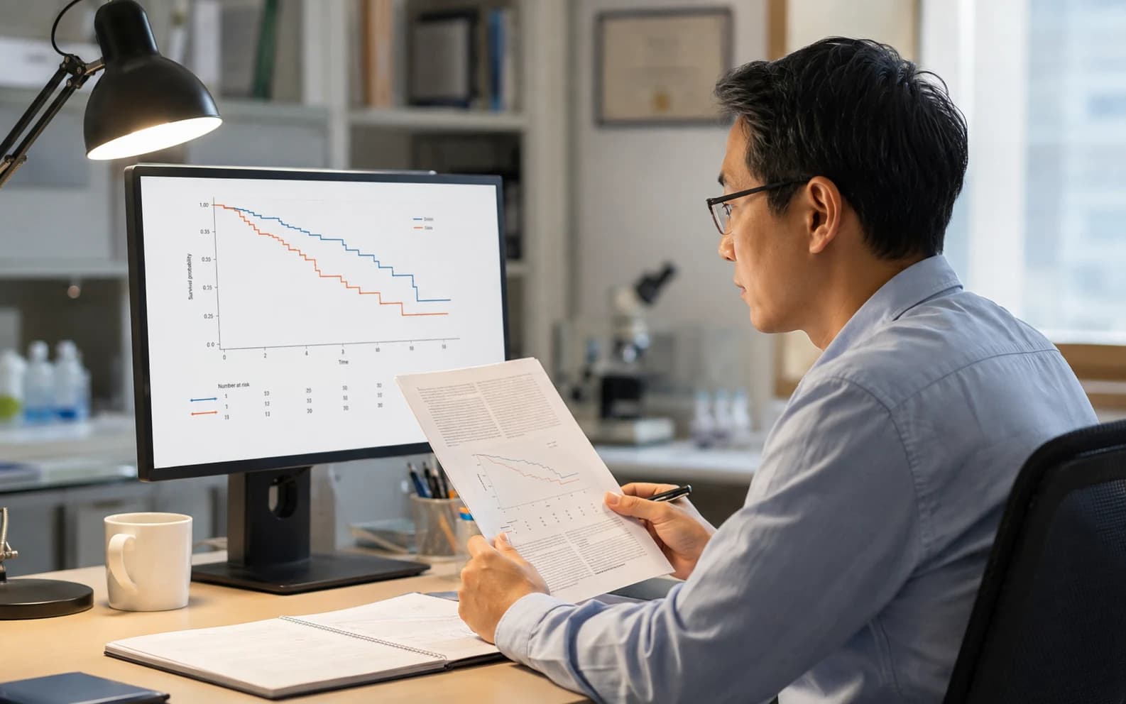 Oncology researcher reviewing a Kaplan-Meier curve and manuscript proof
