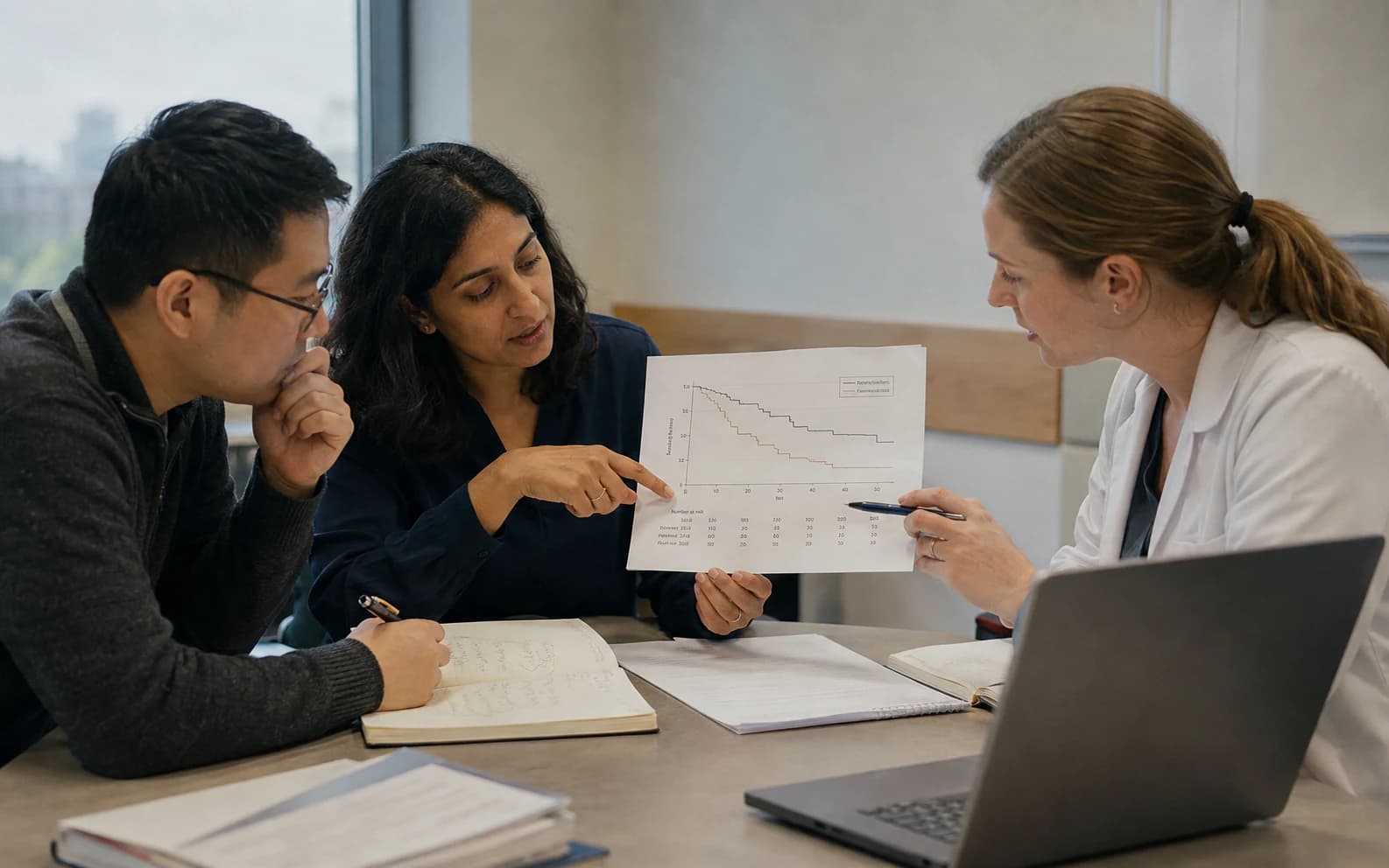 Clinical research team reviewing a Kaplan-Meier figure during manuscript revision