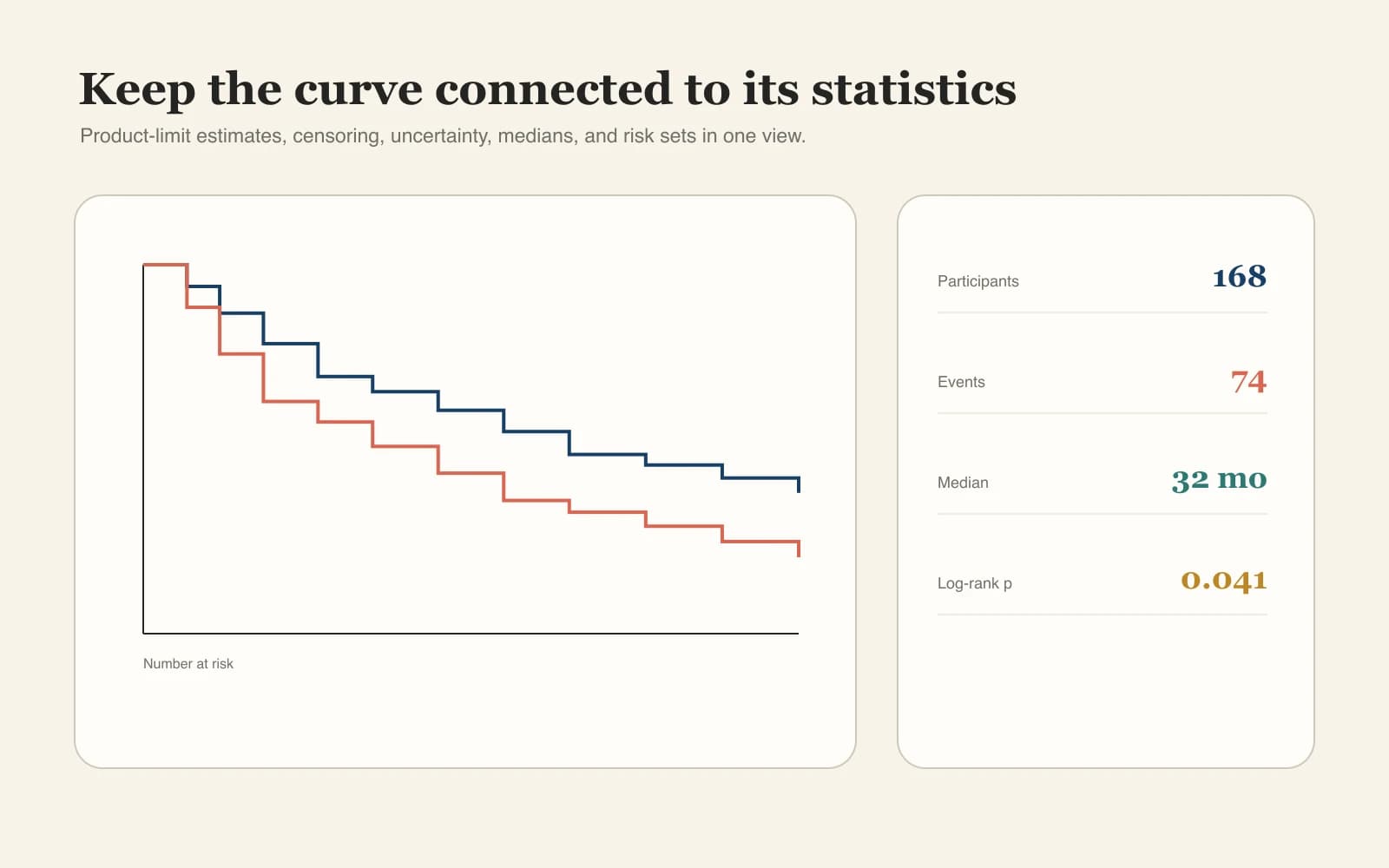 Kaplan-Meier statistical workflow with confidence intervals and risk sets