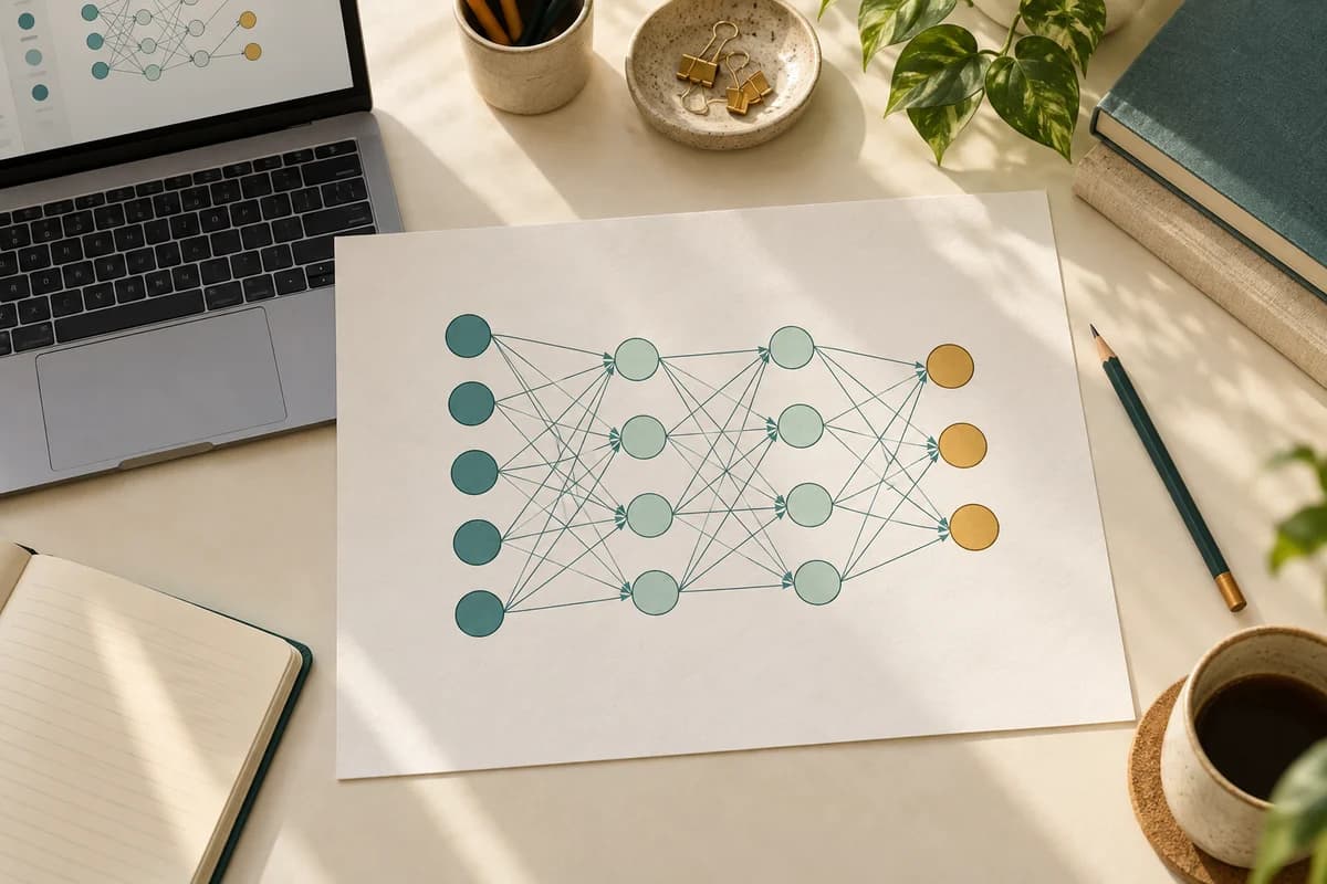 Illustrative machine learning workspace with neural network sketches