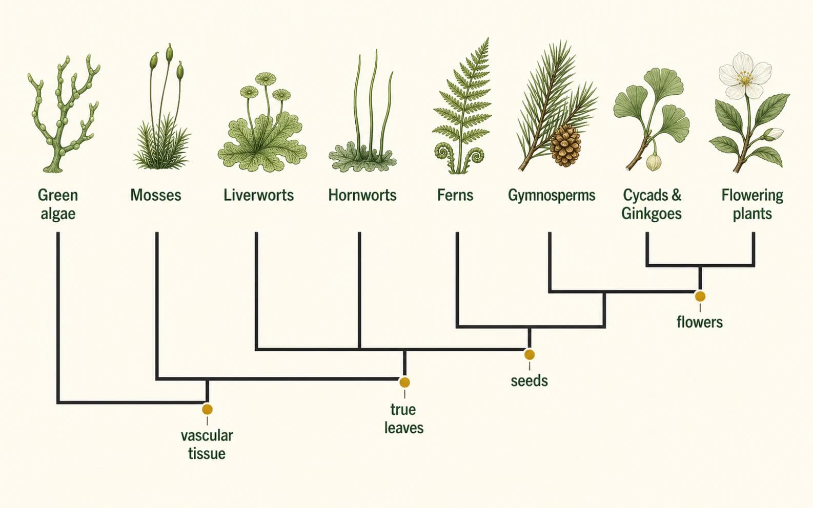 Land plant cladogram showing green algae, bryophytes and ferns through gymnosperms to flowering plants