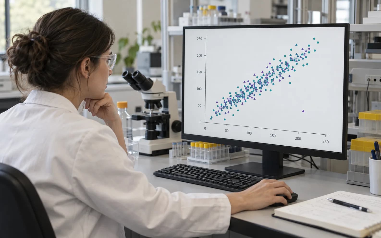 Investigador de laboratorio revisando residuales de regresión y mediciones pareadas