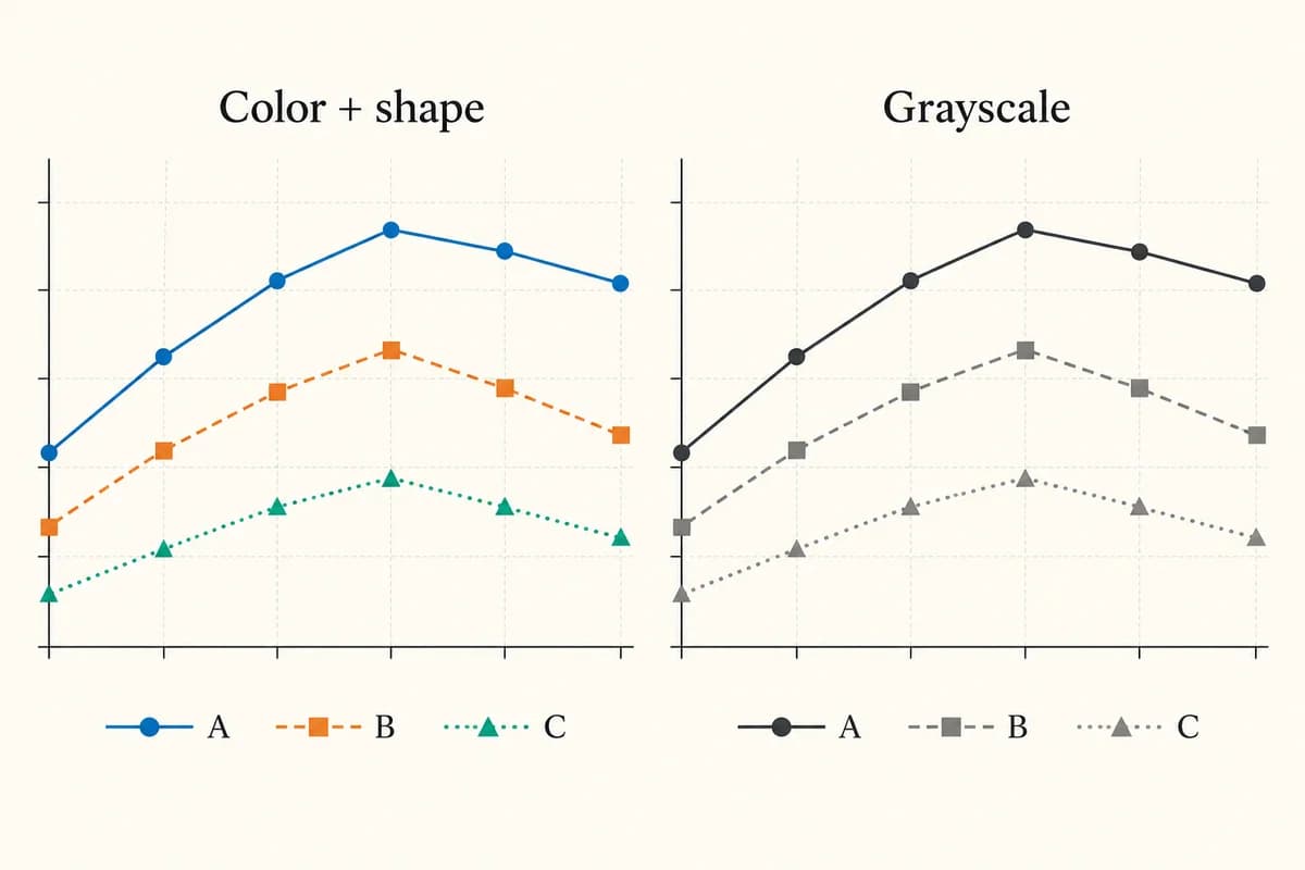 Diagramme in Farbe und Graustufen mit unterschiedlichen Markierungen und Linienarten