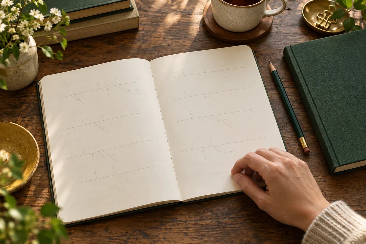 Open grammar notebook and pencil on a study desk, ready for preparing a sentence diagram worksheet