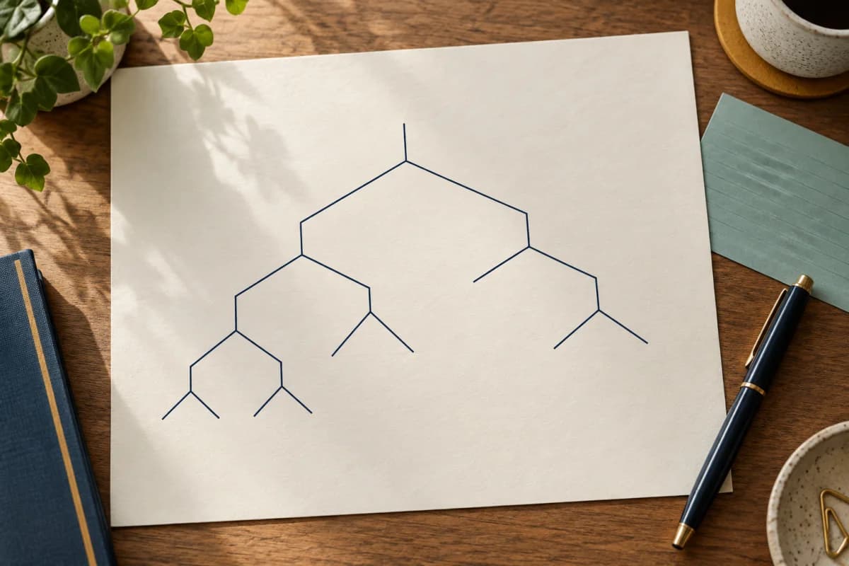 Linguistics study desk with abstract branching syntax tree sketch