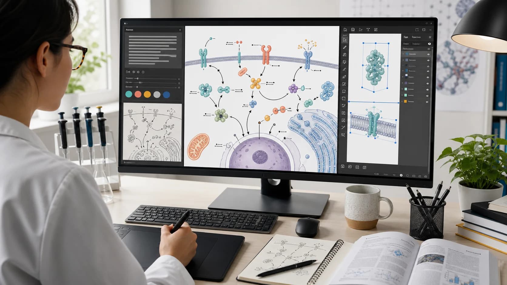 Researcher using an AI scientific illustration workspace with a publication figure, reference sketch, and editable vector layers