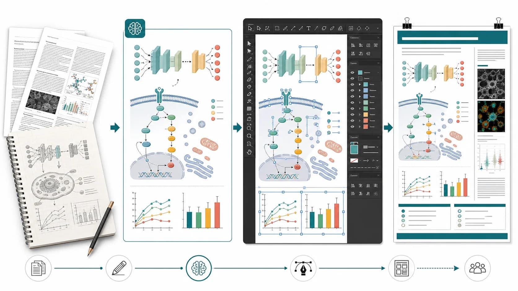 Research manuscript and sketch progressing through AI figure generation, vector editing, and a conference poster layout