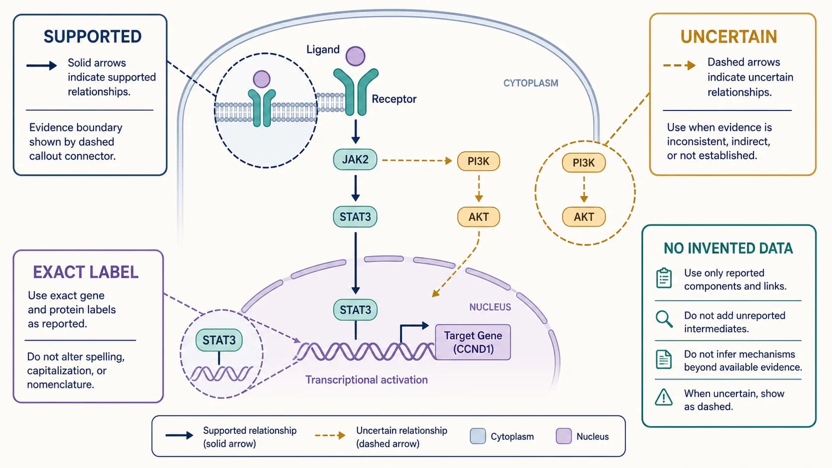 Gene regulation graphical abstract distinguishing supported evidence, uncertain relationships, exact labels, and unsupported claims