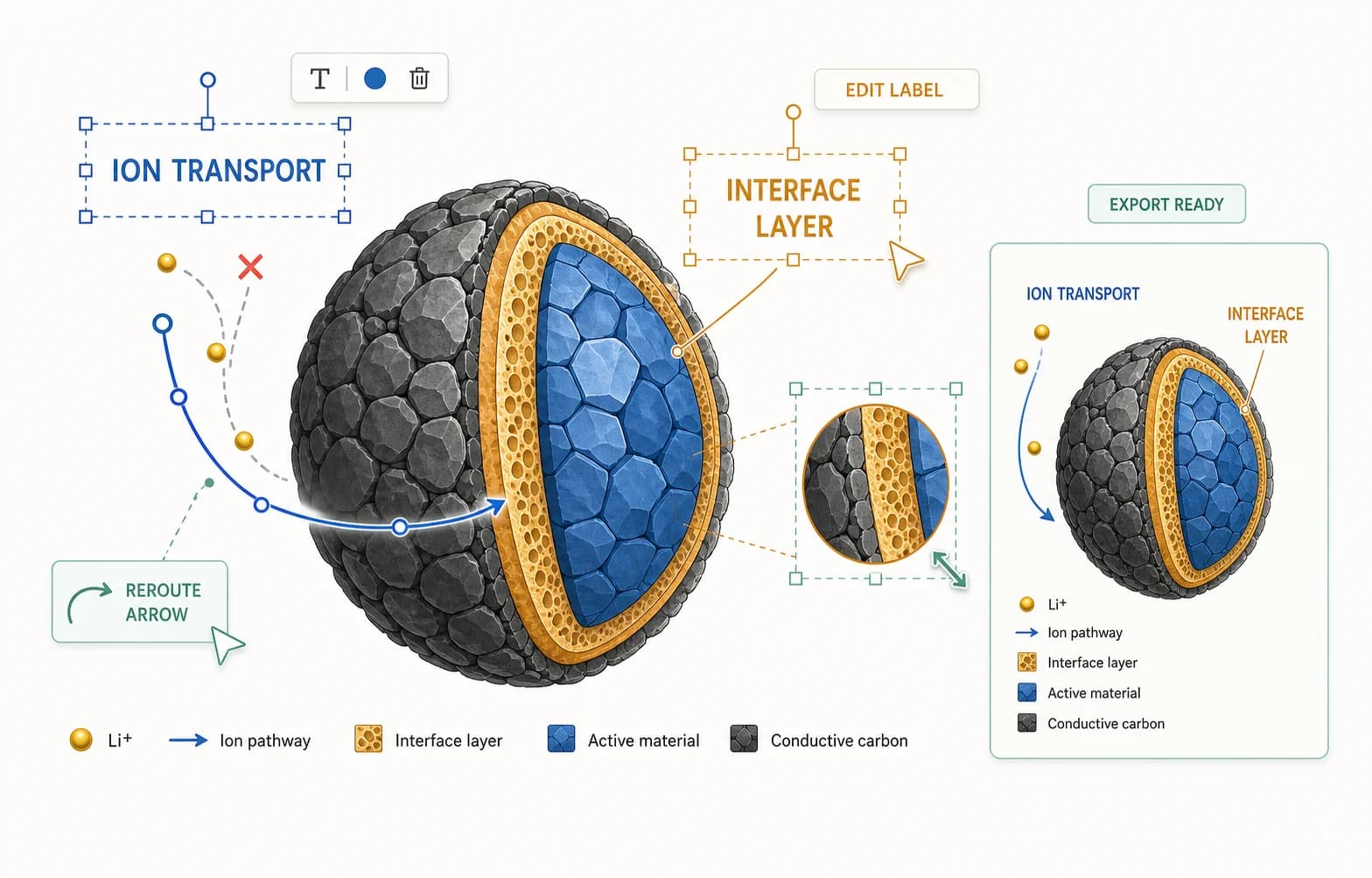 Editable graphical abstract workflow revising scientific labels, arrows, colors, and local details