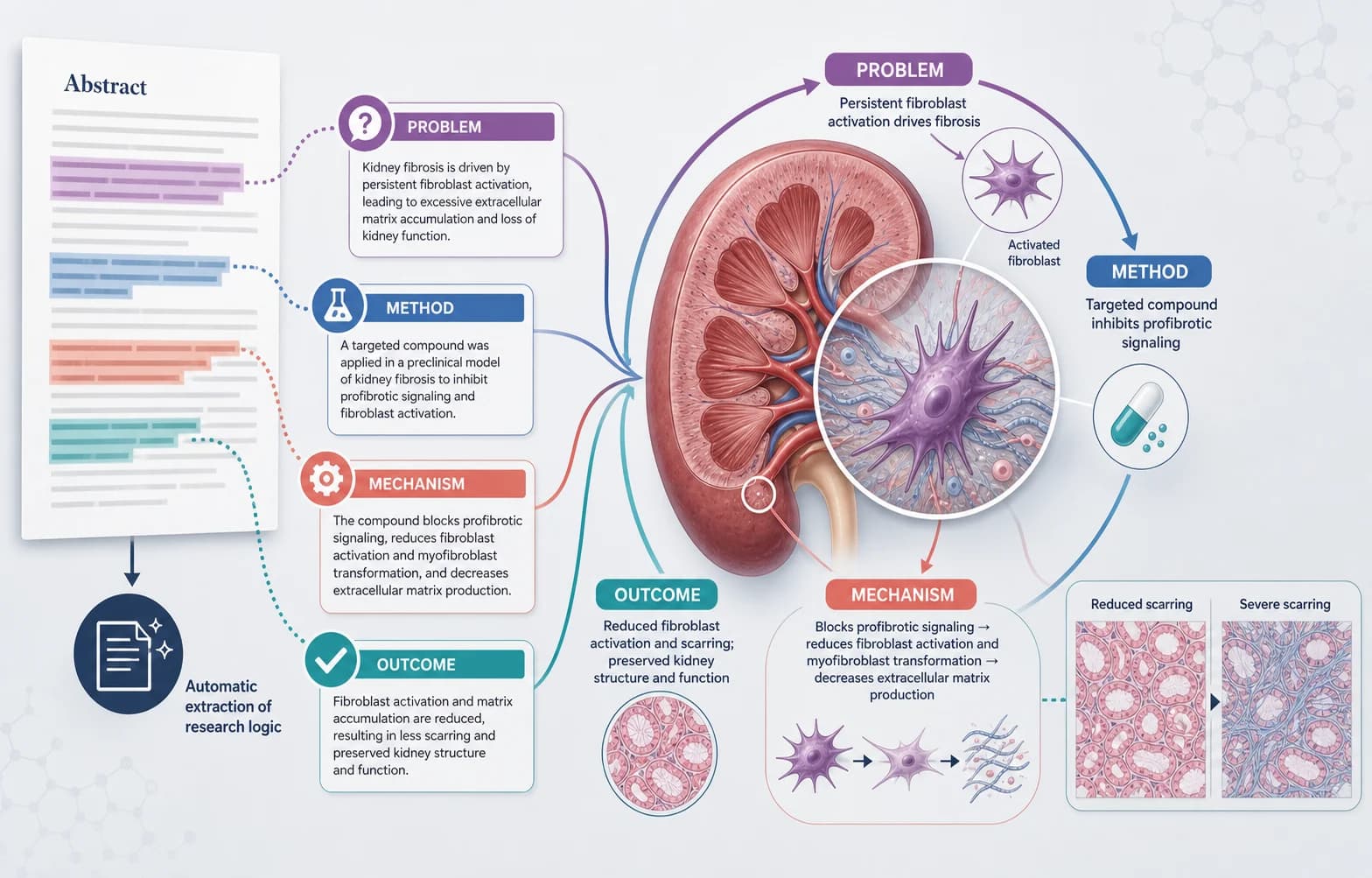 Graphical abstract planning workspace organizing a research question, method, result, and conclusion