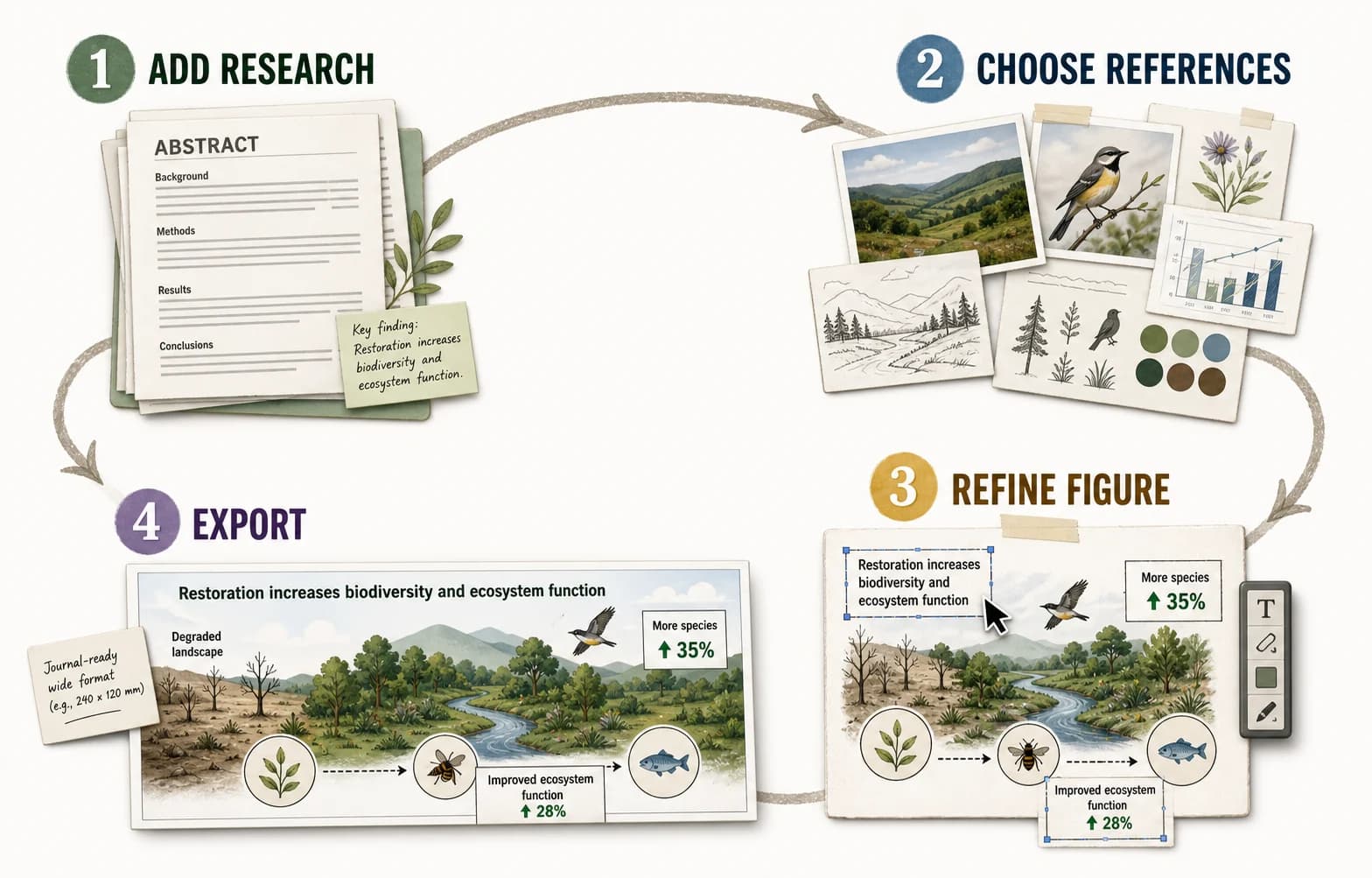 Four-step graphical abstract workflow from adding research and references to refining and exporting the final figure