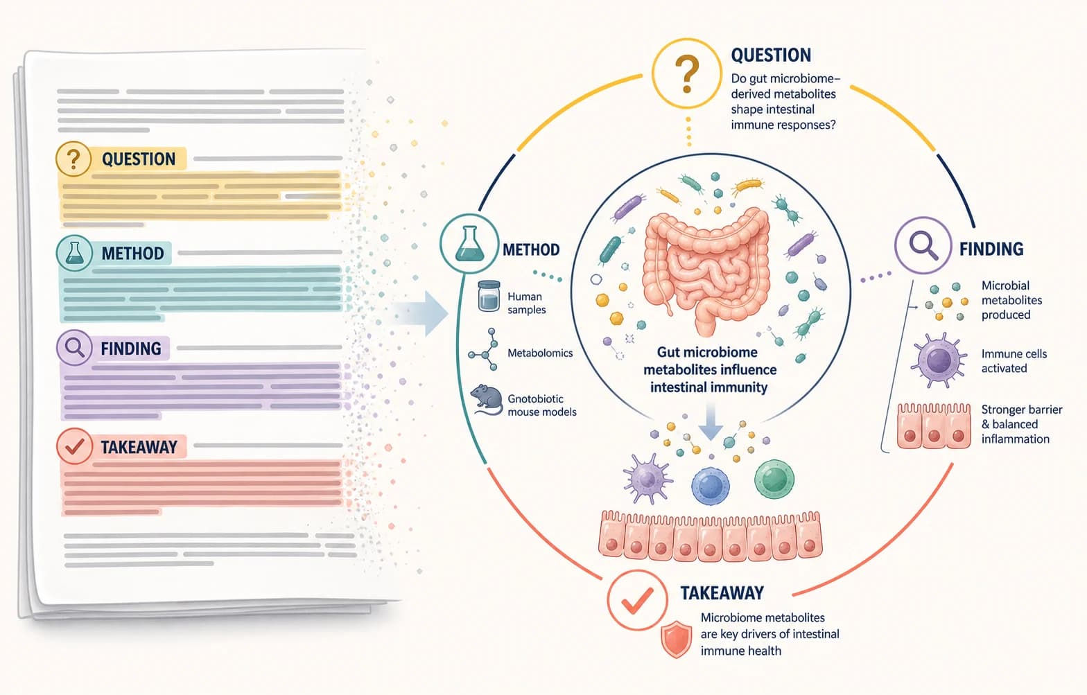 AI graphical abstract showing a research question, method, key finding, and conclusion in a left-to-right story