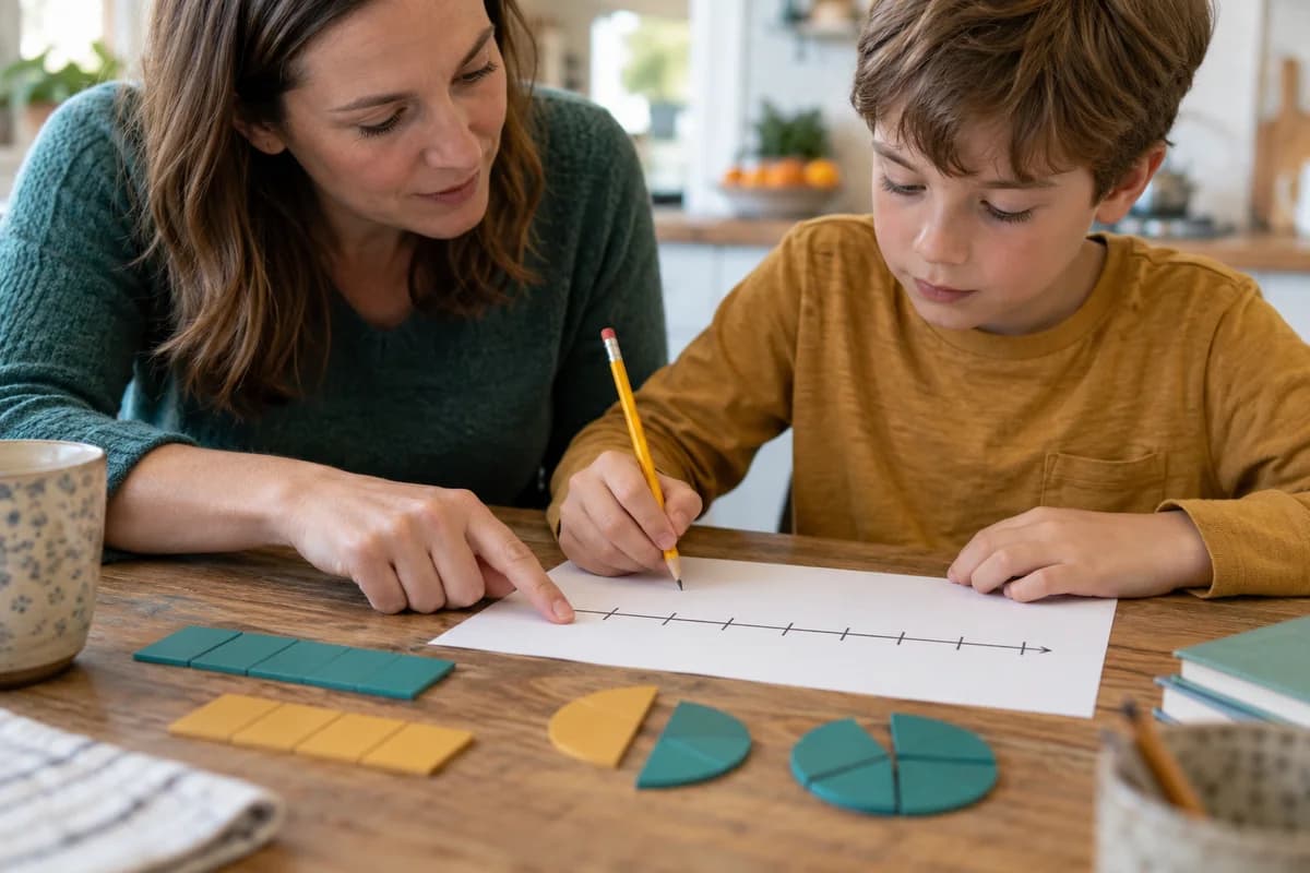Parent and child exploring a number-line worksheet at home.