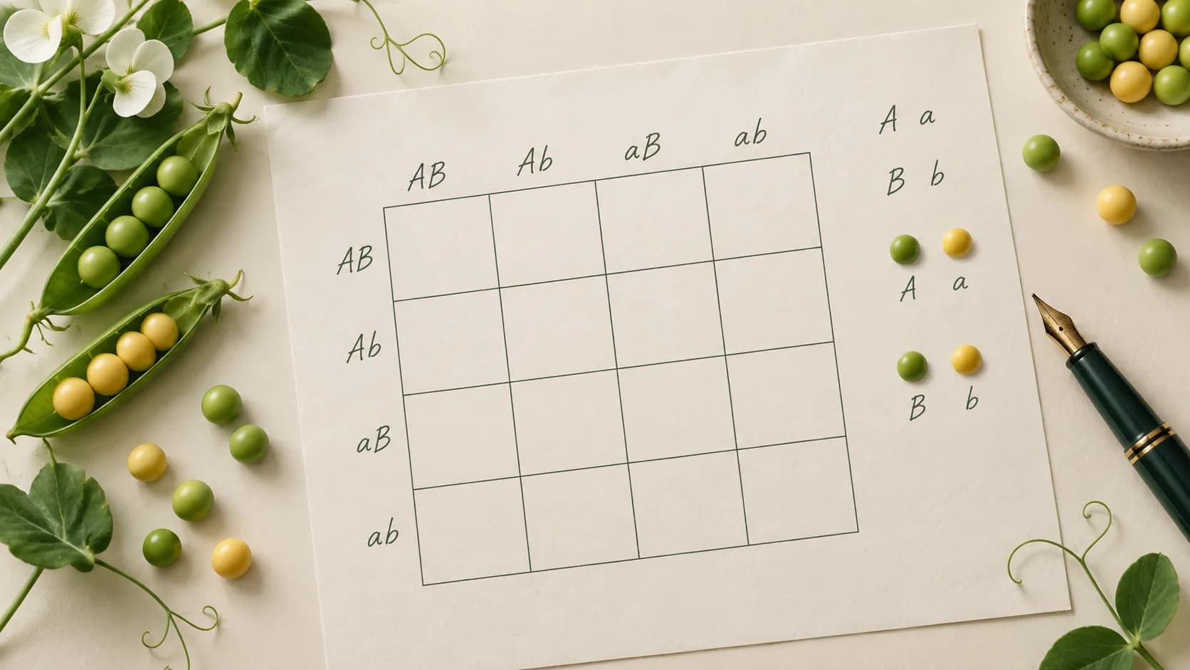 Blank 4×4 Punnett square worksheet beside pea plants