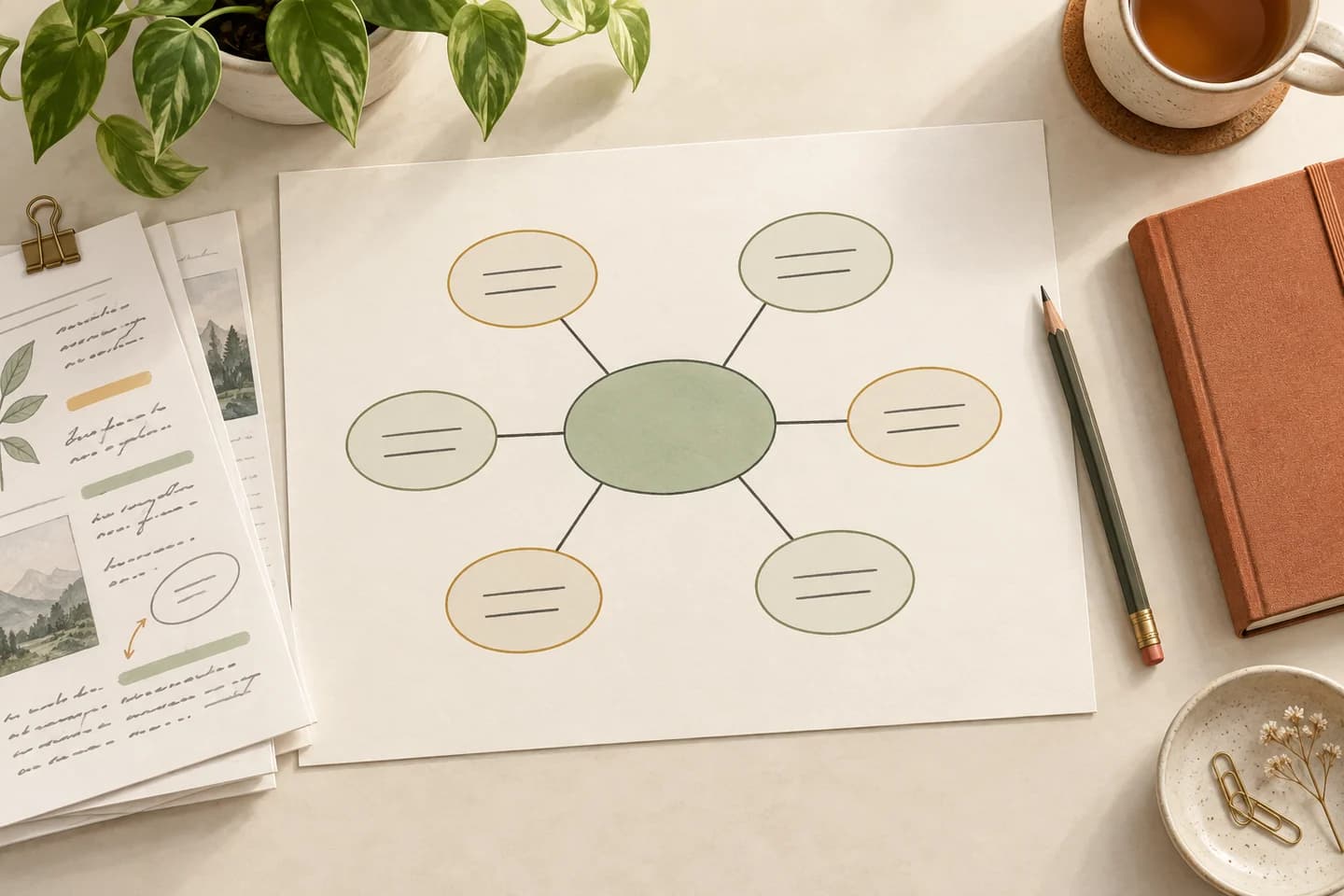 Study workspace with a central-topic spider diagram on paper