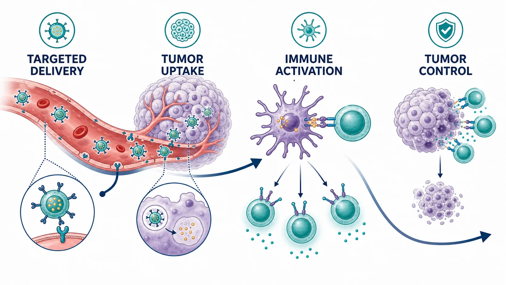 Nanoparticle immunotherapy graphical abstract with targeted delivery, tumor uptake, immune activation, and tumor control